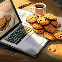 A laptop on a table sittig next to cookies and a cup of coffee