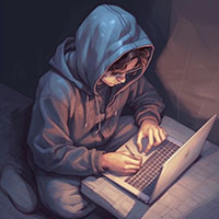 Young guy in a hoodie browsing the internet from his laptop; he's in a private space